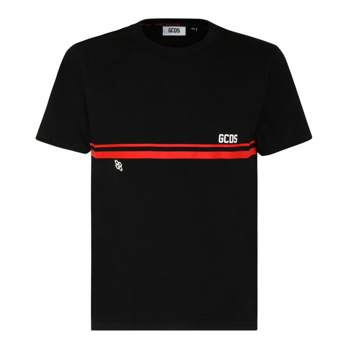 Gcds Black, Red and White Cotton Striped Logo Print T-Shirt.