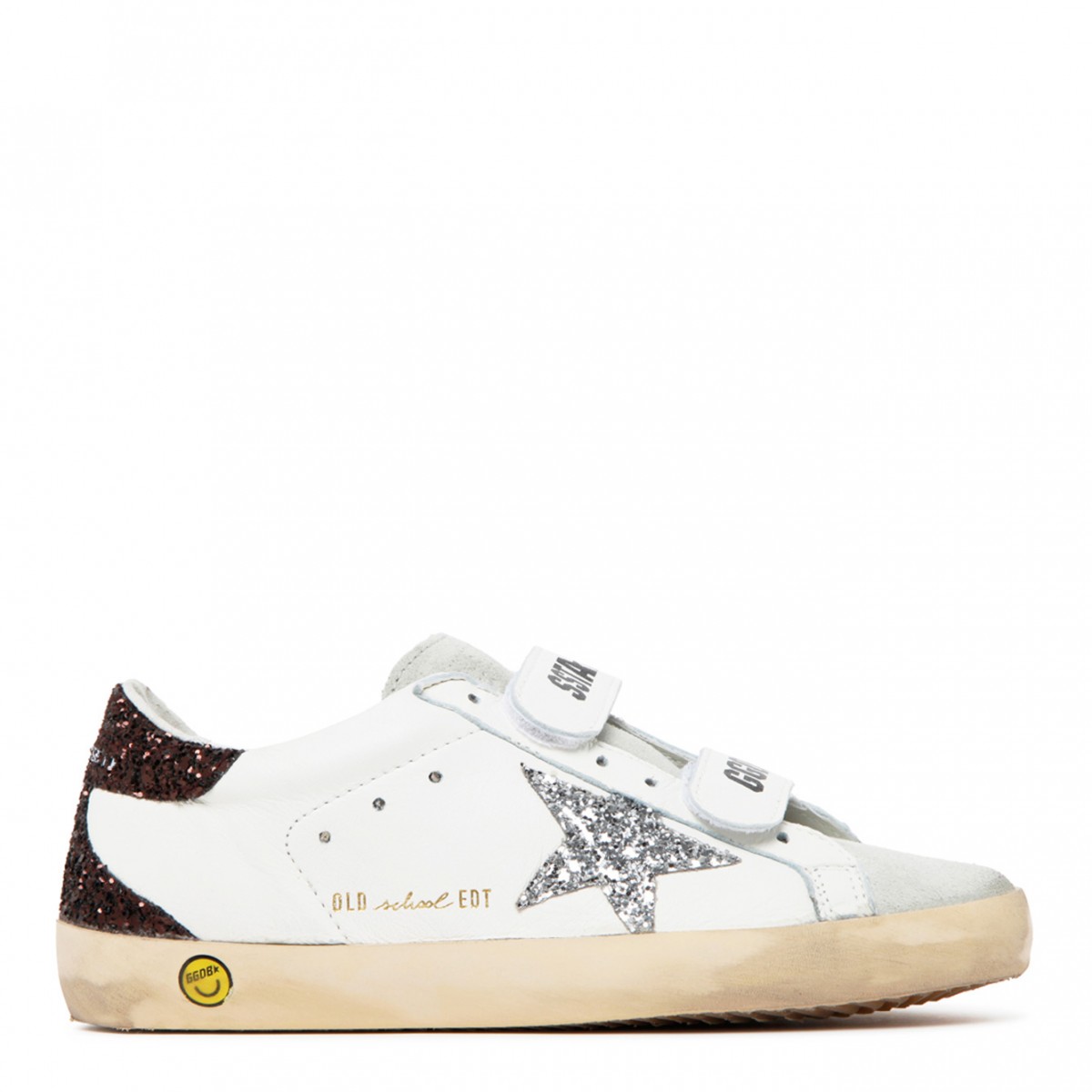 Golden Goose Kids White, Silver and Coffee Calf Leather Old School Touch Strap Sneakers.