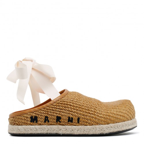 Marni Raw Sienna Calf Leather Ribbon Tie Sabot Shoes. 