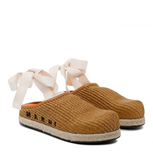 Marni Raw Sienna Calf Leather Ribbon Tie Sabot Shoes. 