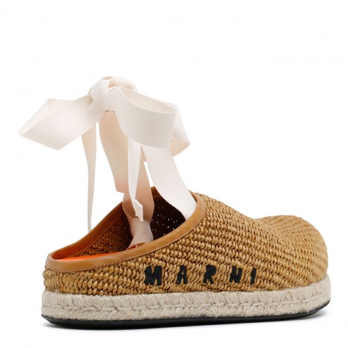 Marni Raw Sienna Calf Leather Ribbon Tie Sabot Shoes. 