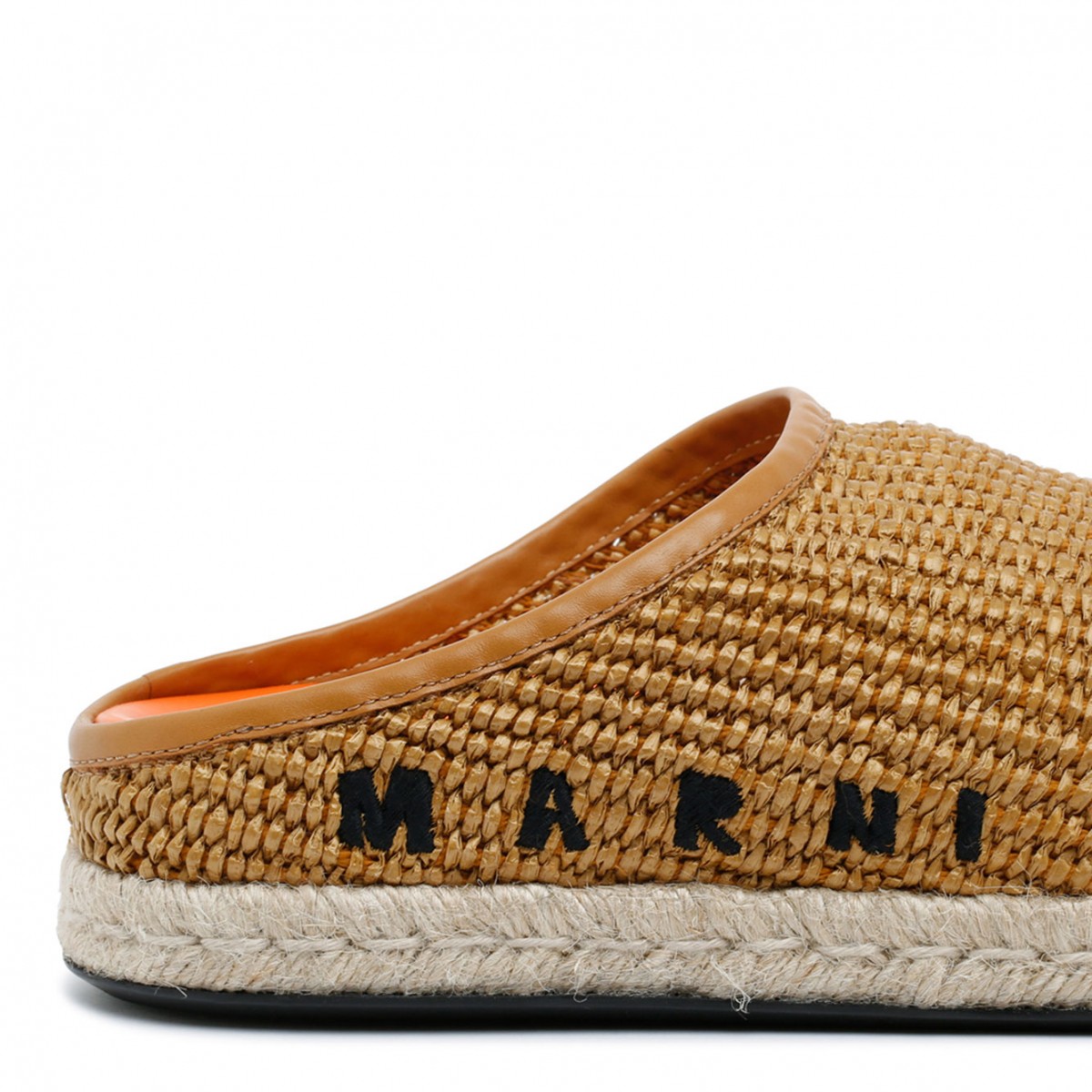 Marni Raw Sienna Calf Leather Ribbon Tie Sabot Shoes. 